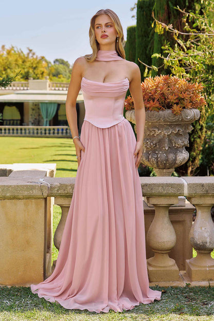 Amoris T741 Flowing A-Line Strapless Chiffon Evening Gown