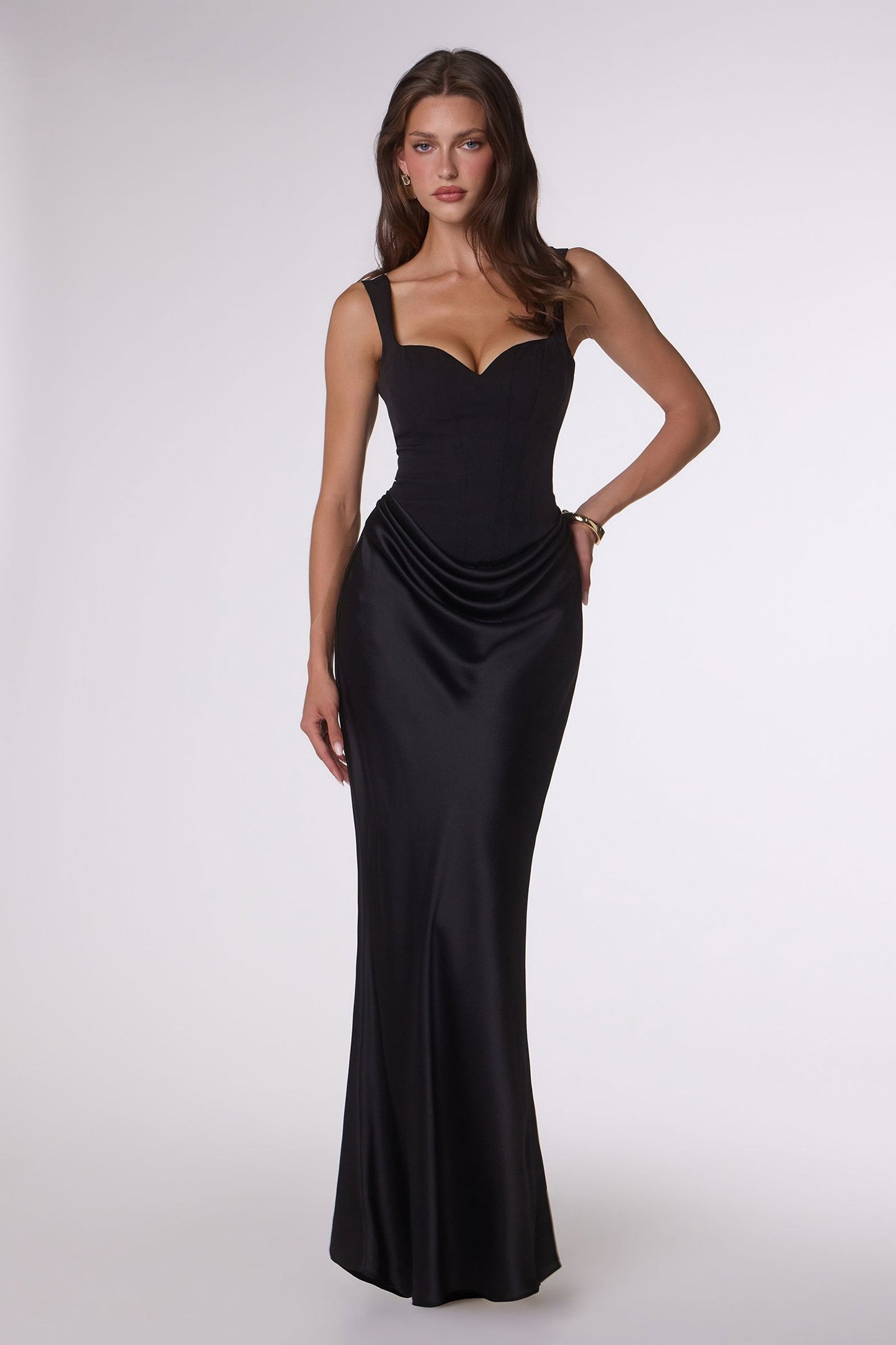 Amoris T742 Timeless Fitted Satin Formal Gown Crepe Bodice