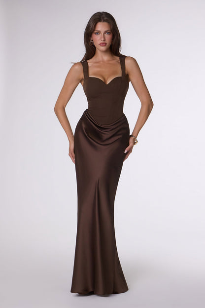 Amoris T742 Timeless Fitted Satin Formal Gown Crepe Bodice