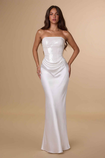 Amoris T744W Strapless Sequin Bodice Satin Skirt Off White Formal Dress