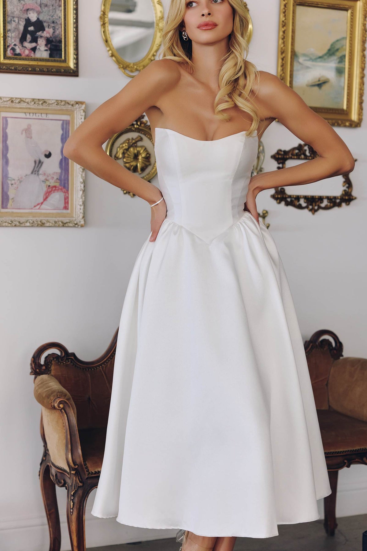 Amoris T822W Elegant Mikado Midi Strapless Wedding Reception Gown