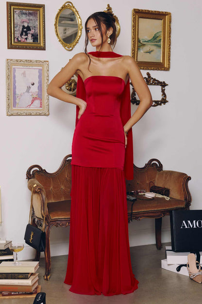 Amoris T825 Strapless Satin Bodice Pleated Chiffon Skirt Fitted Dress