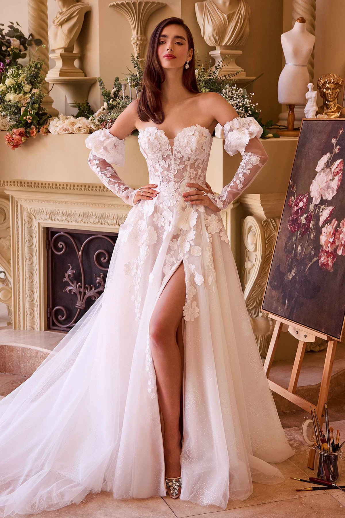Vestido Andrea & Leo WL017 con apliques florales, vestido de novia sin tirantes