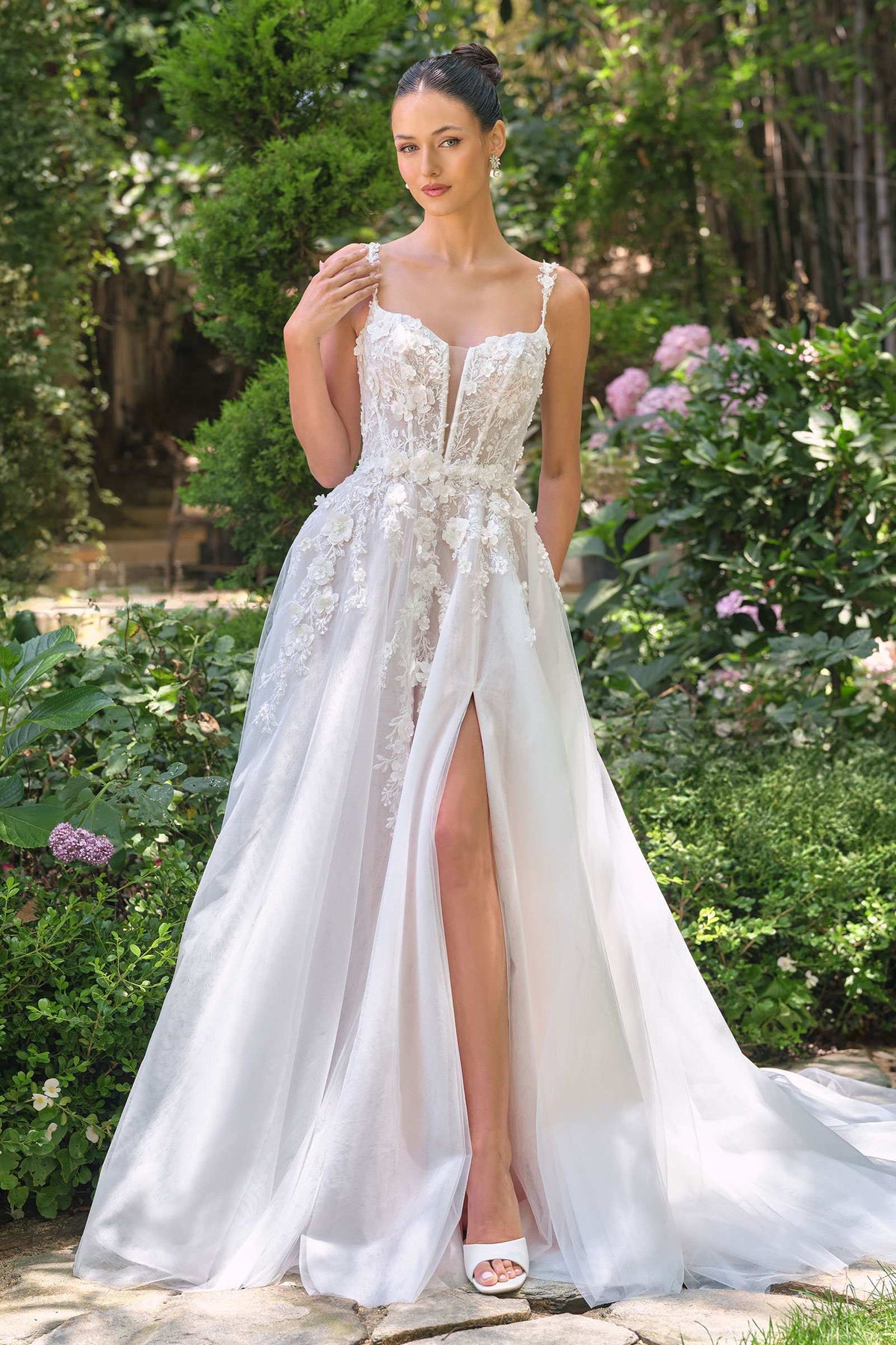 Andrea & Leo WL063 A-Line Wedding Gown Plunging Neckline Floral Straps