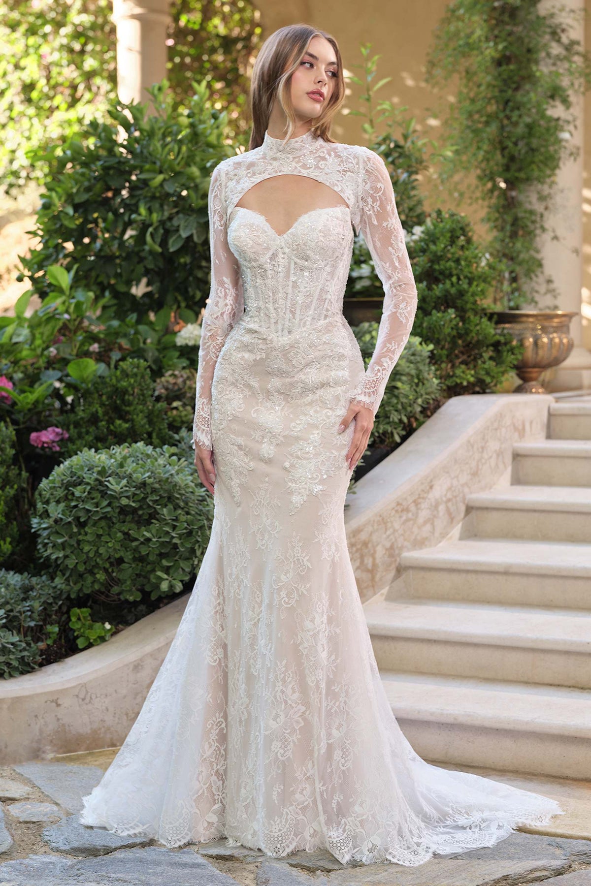 Vestido de novia Andrea & Leo WL071 corte entallado y con vuelo, superposición de encaje y chaqueta bolero