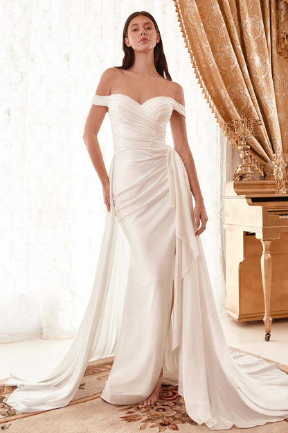 Ladivine WN315 Long Draped Off The Shoulder Bridal Gown With Overskirt