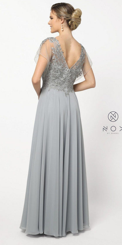 CLEARANCE - Nox Anabel Y526 Long V-Neck Silver Long Dress (Size 2XL)