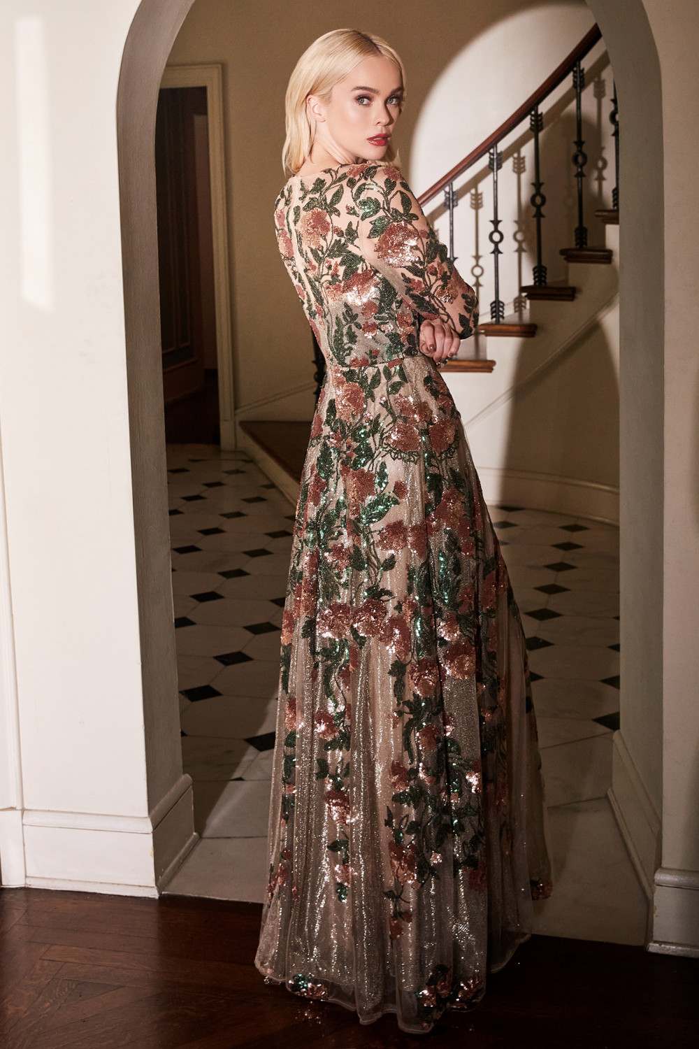 Andrea & Leo A0926 Long Sleeved Evening Gown with Floral Appliques