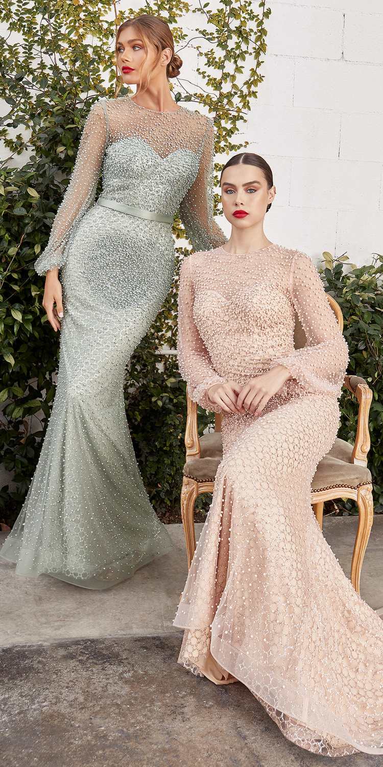 Andrea & Leo A0997 Pearl Beaded Long Sleeve Fit and Flare Long Dress