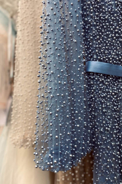 Andrea & Leo A0997 Pearl Beaded Long Sleeve Fit and Flare Long Dress