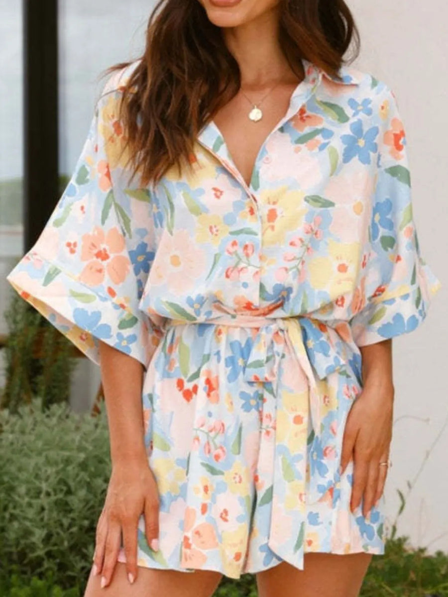 Printed Half Sleeve Tie Waist Romper