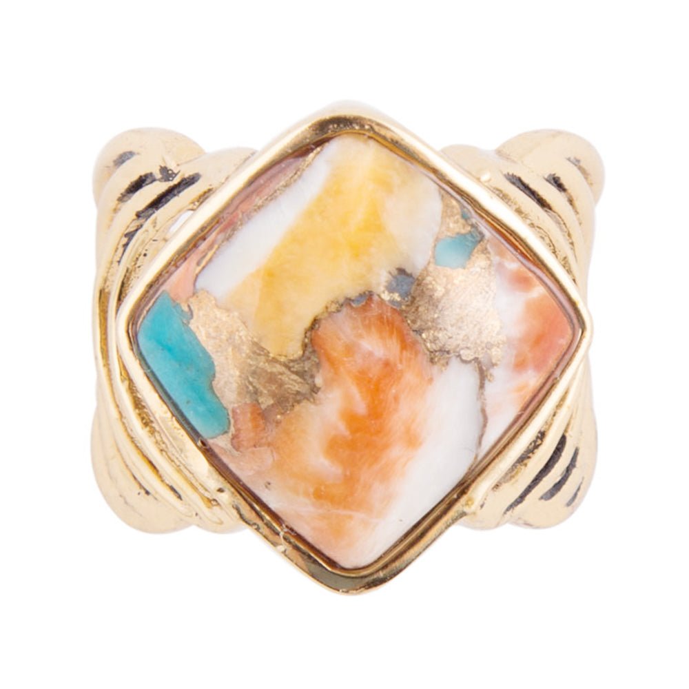 Anillo de oro con matriz de ostra espinosa azul, turquesa y naranja con flechas