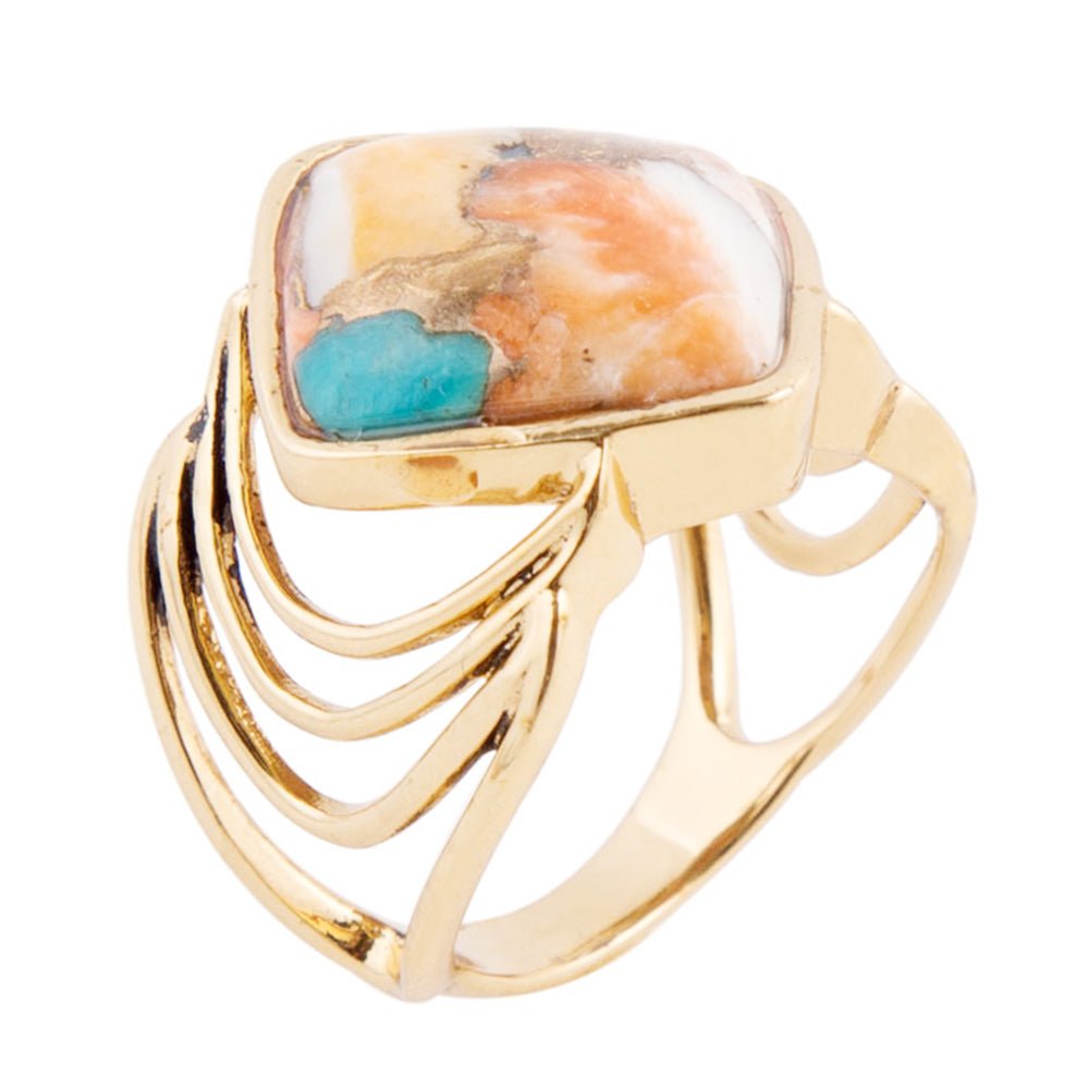 Anillo de oro con matriz de ostra espinosa azul, turquesa y naranja con flechas