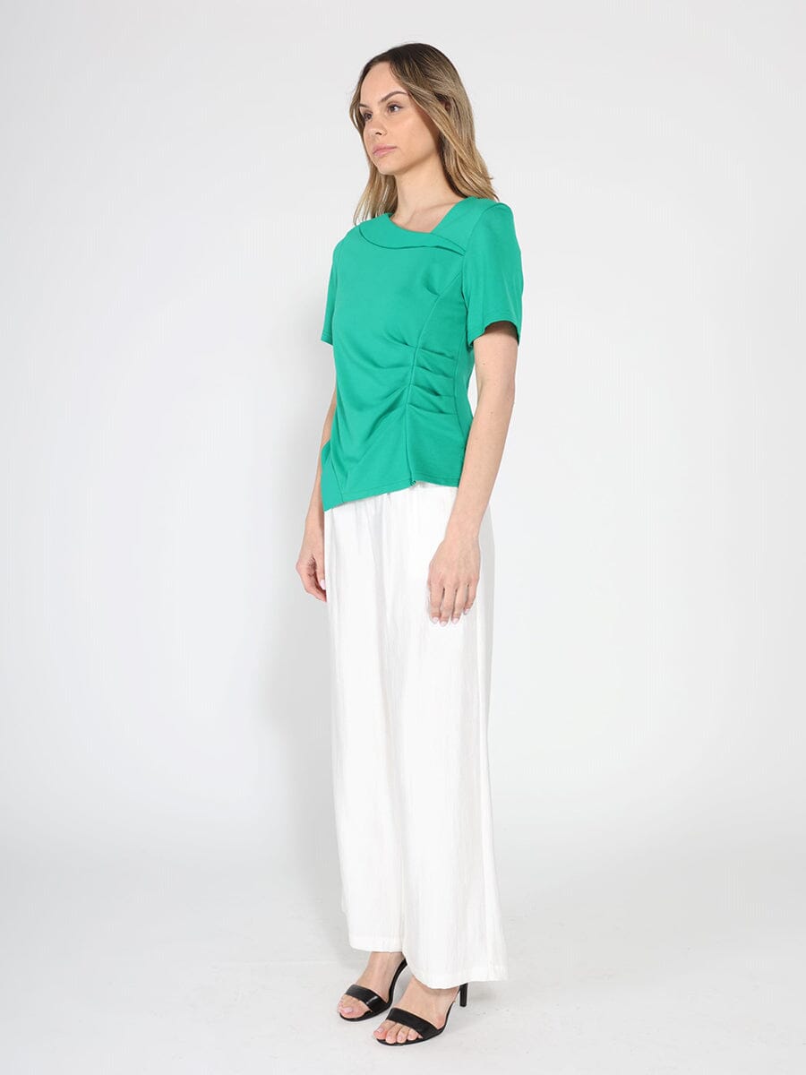 Asymmetrical neck ruched detail solid top
