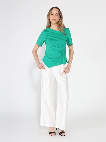 Asymmetrical neck ruched detail solid top