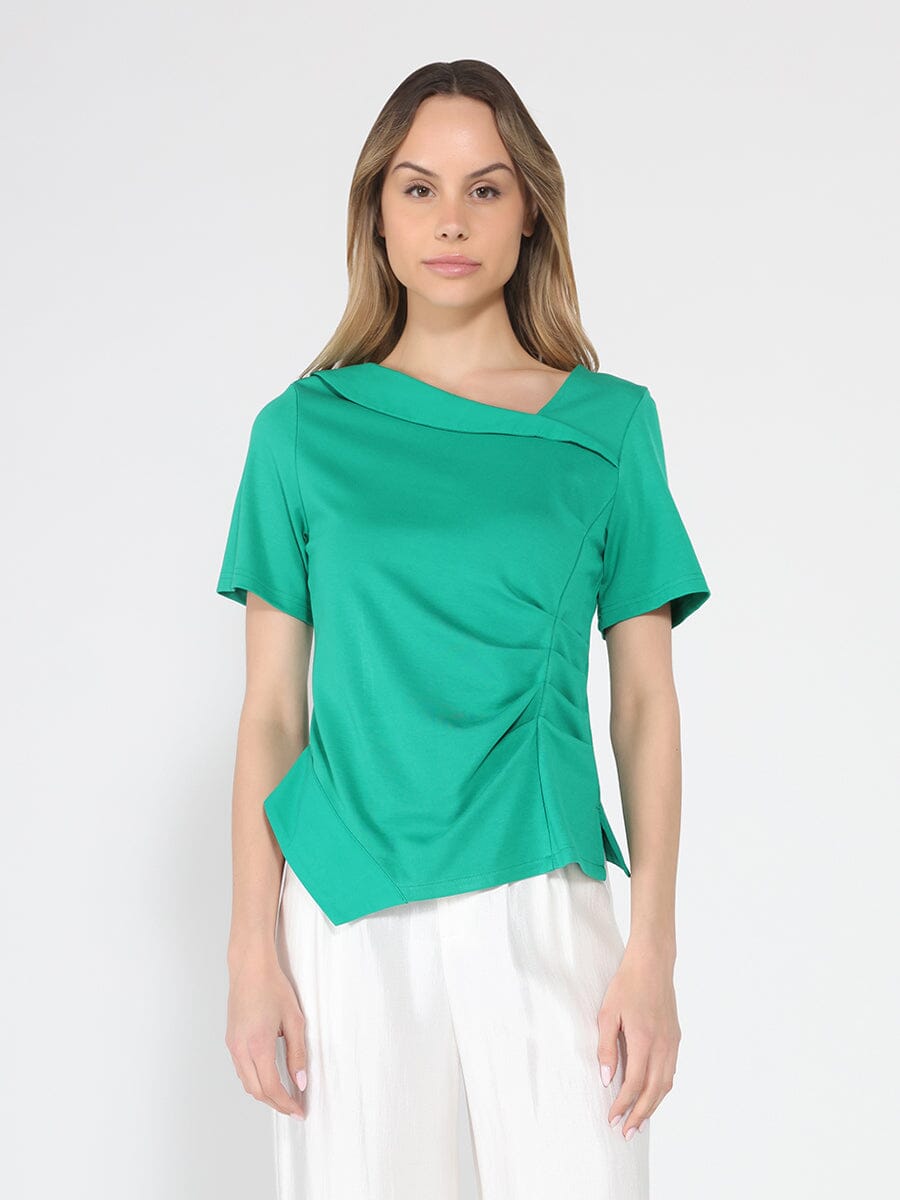 Asymmetrical neck ruched detail solid top
