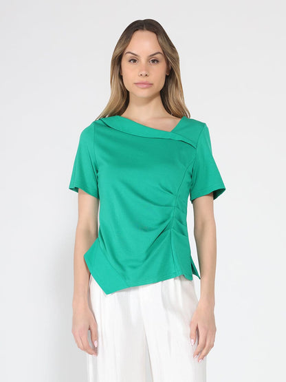 Asymmetrical neck ruched detail solid top