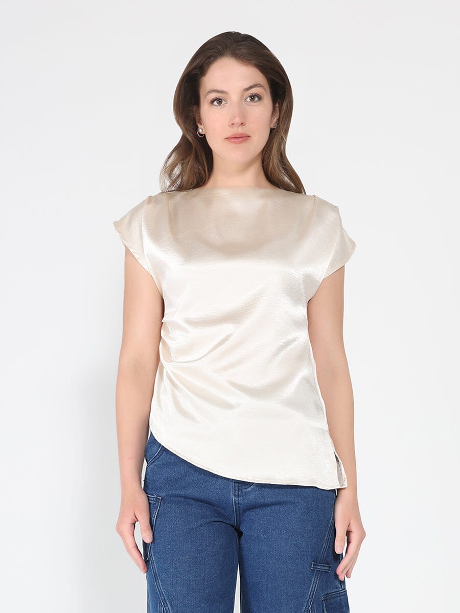 Gracia Fashion Women's Asymmetrical side pleats short sleeve top
