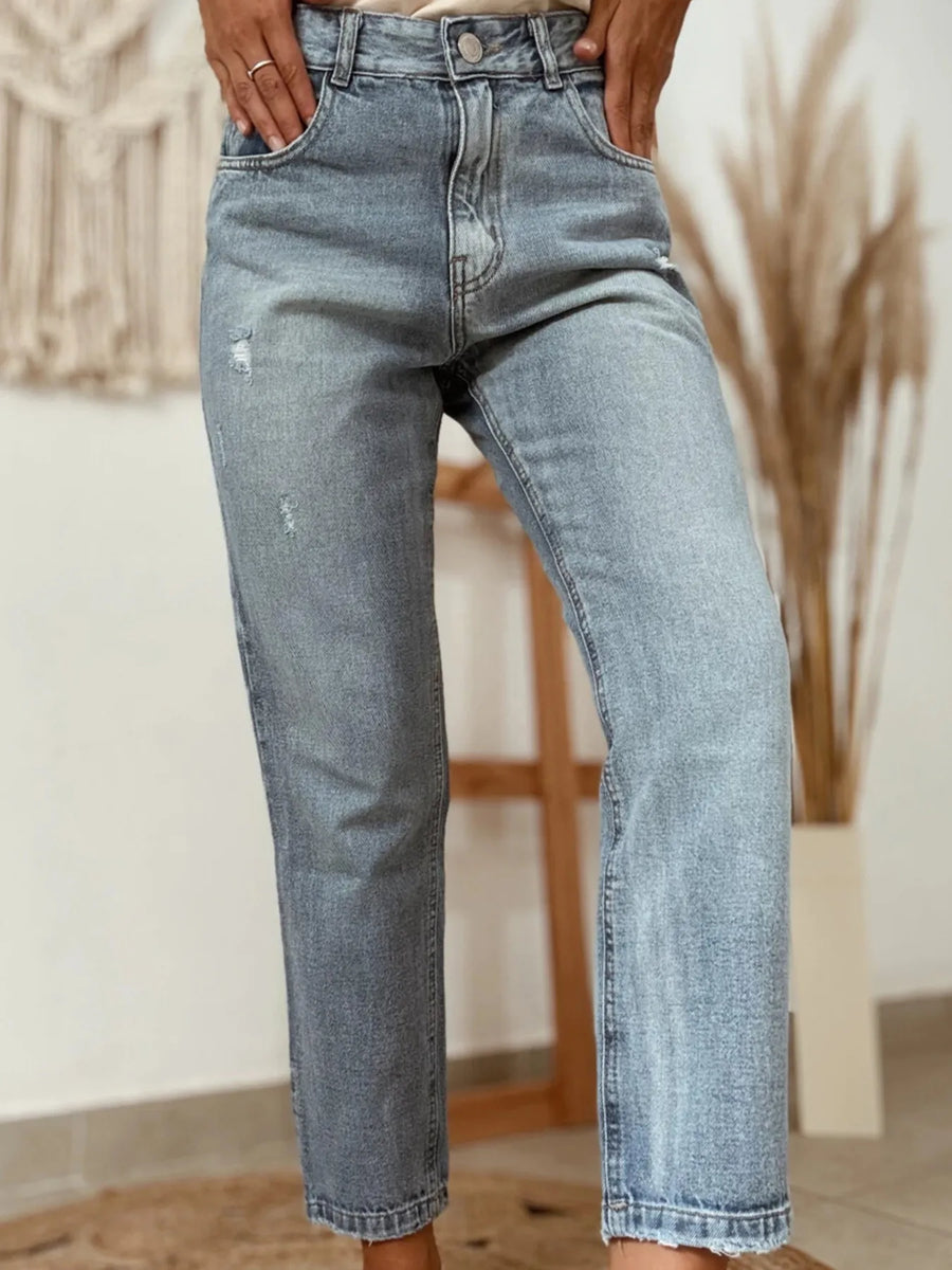 Distressed Ankle-length Straight Jeans
