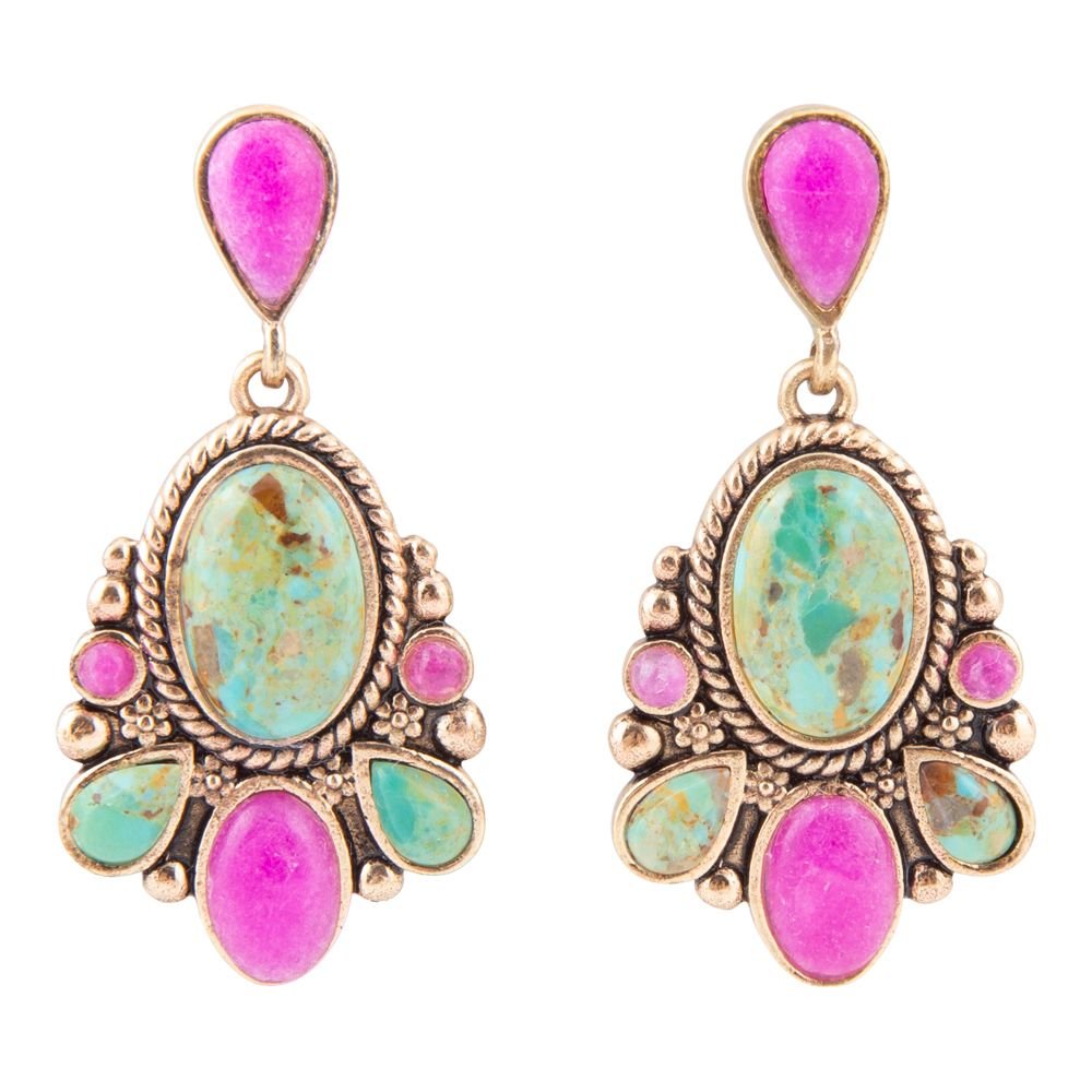 Barcelona Blue Turquoise and Pink Agate Golden Drop Earrings