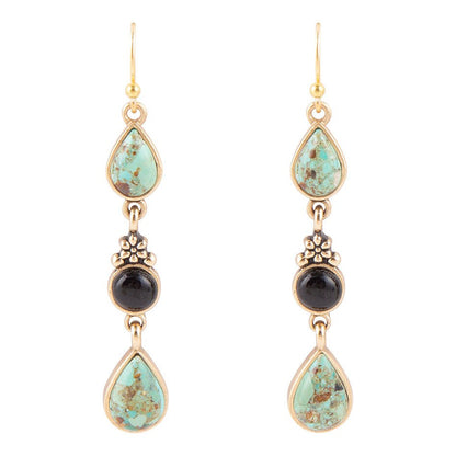 Barcelona Blue Turquoise and Black Onyx Linear Drop Golden Earrings