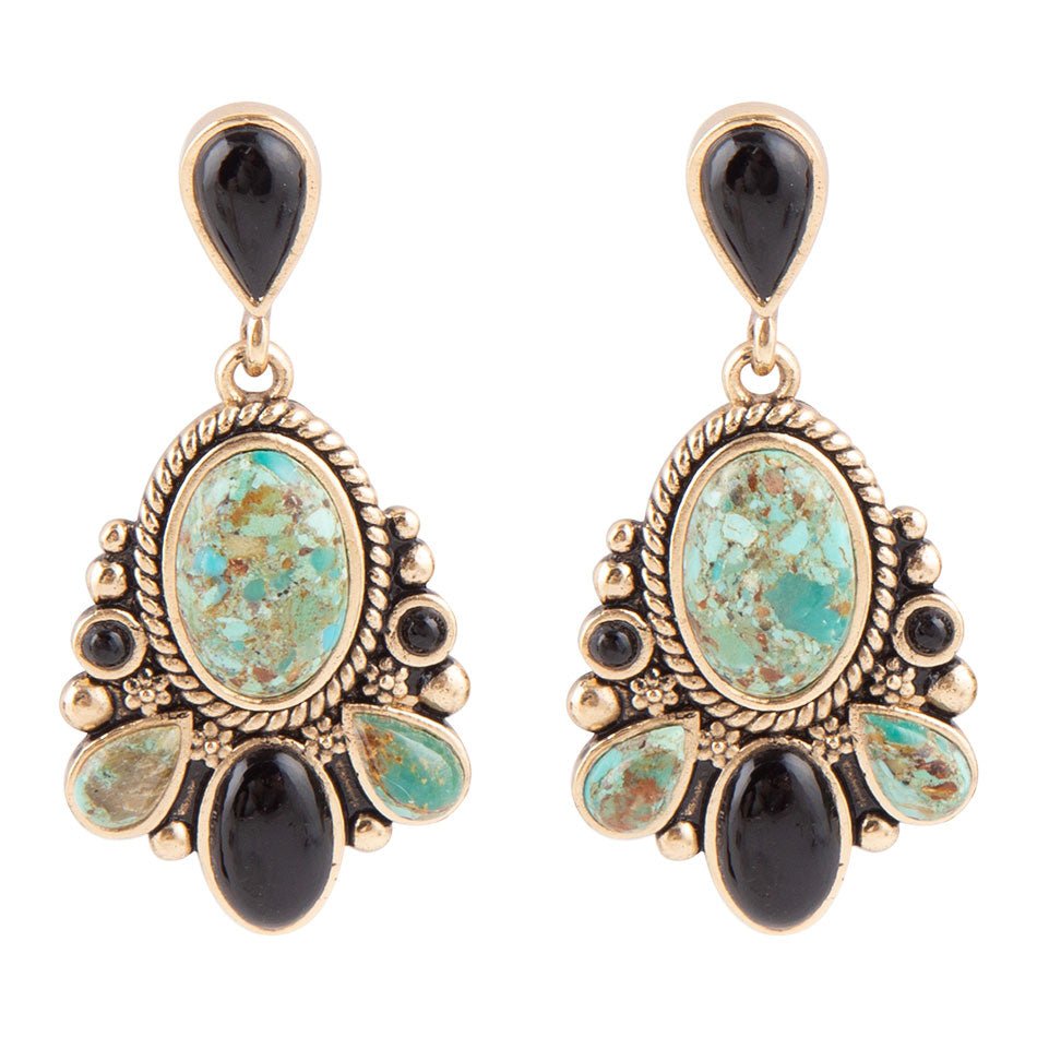Pendientes largos dorados con turquesa azul Barcelona y ónix negro