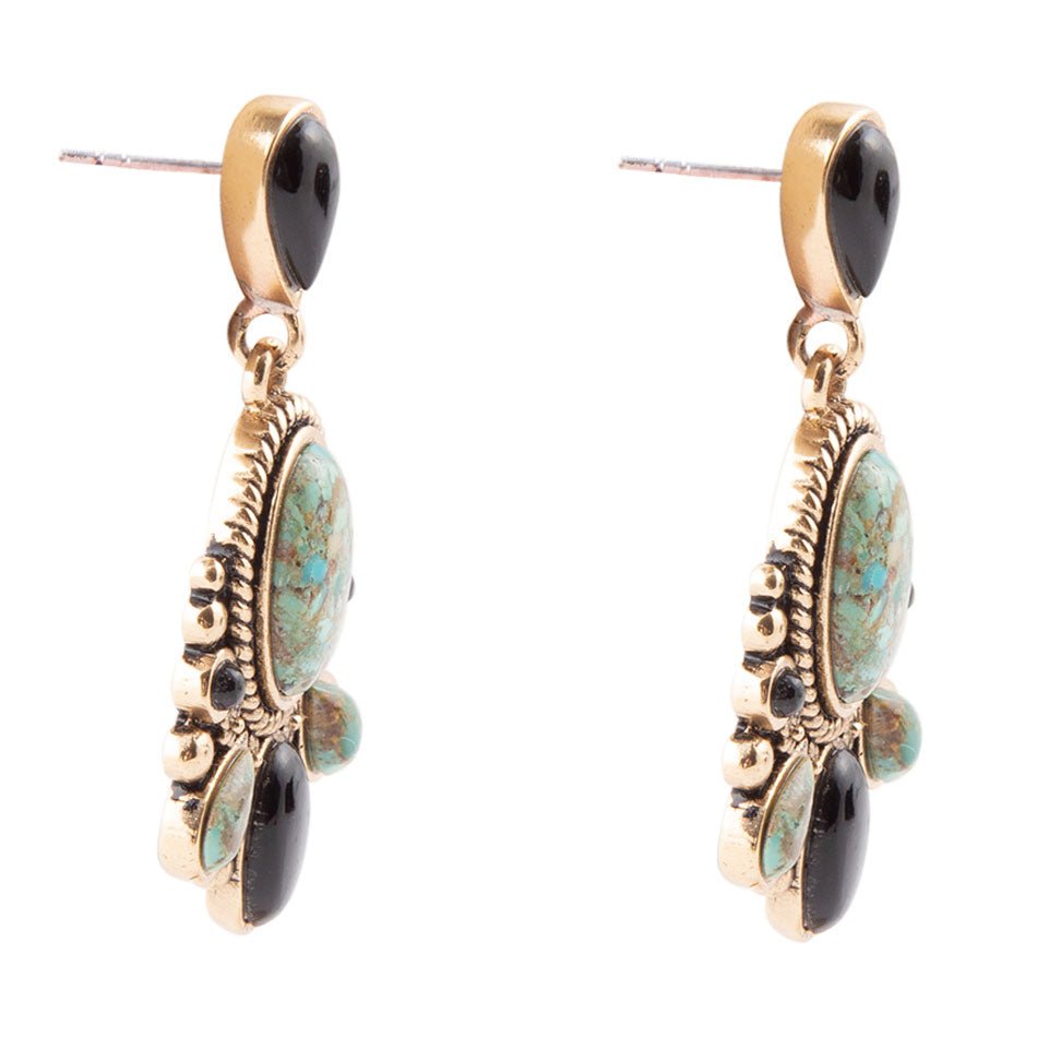 Pendientes largos dorados con turquesa azul Barcelona y ónix negro