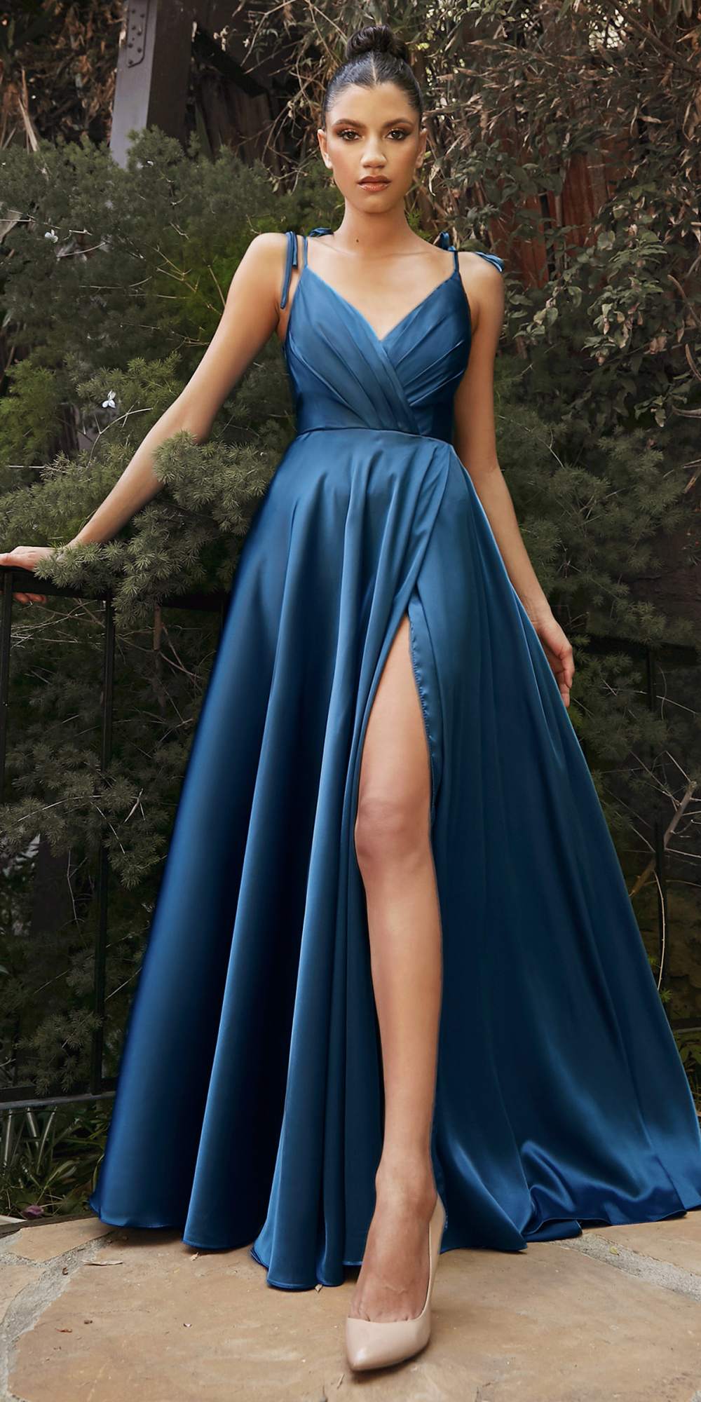 Cinderella Divine BD105 Flowy Satin A-Line Gown with Leg Slit