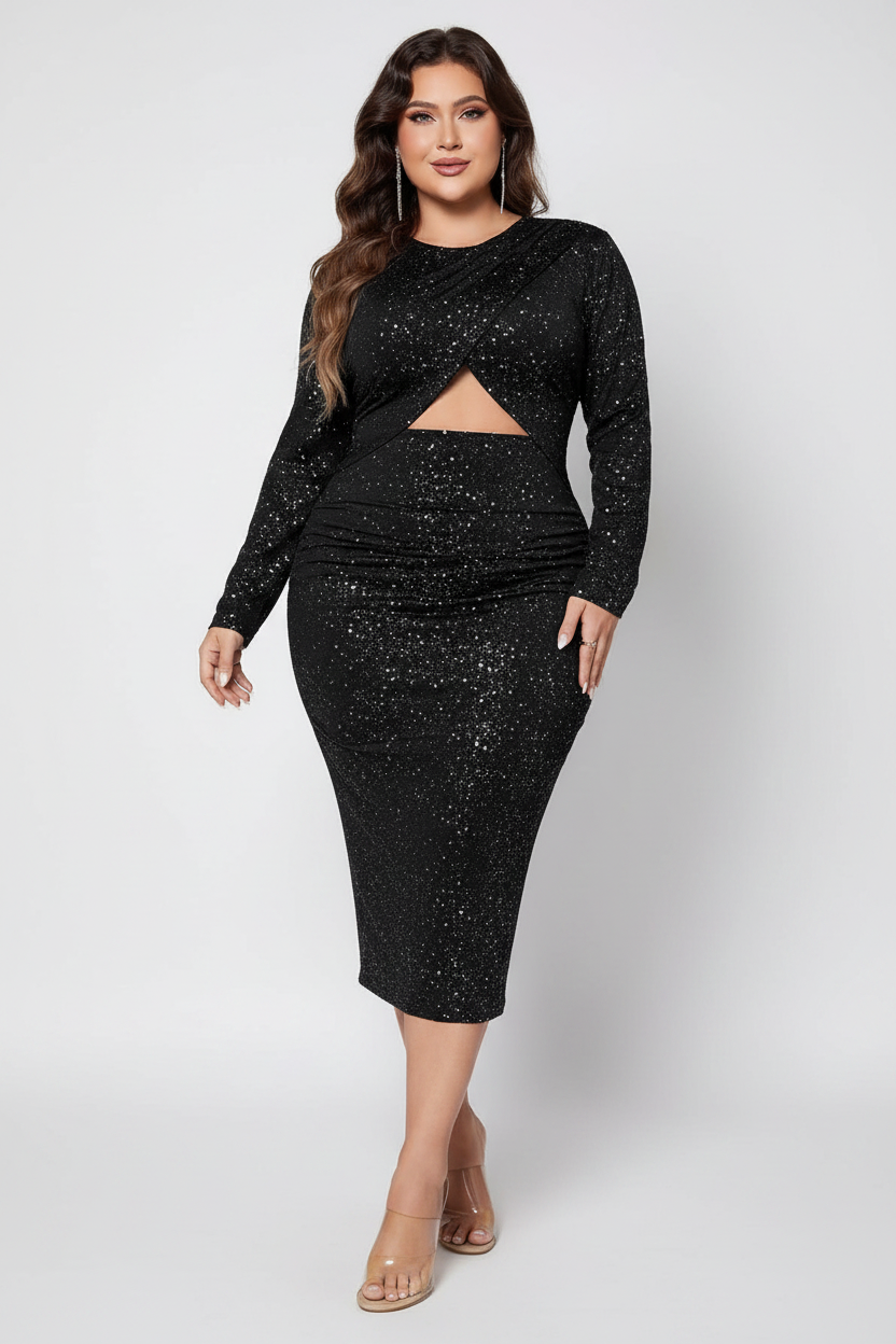 Honey Plus Size Cutout Slit Round Neck Long Sleeve Dress