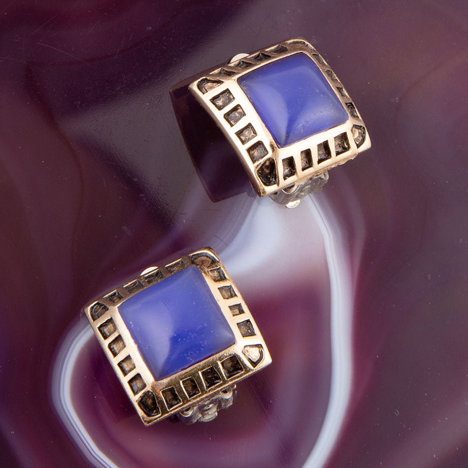 Pendientes de clip dorados de ágata azul