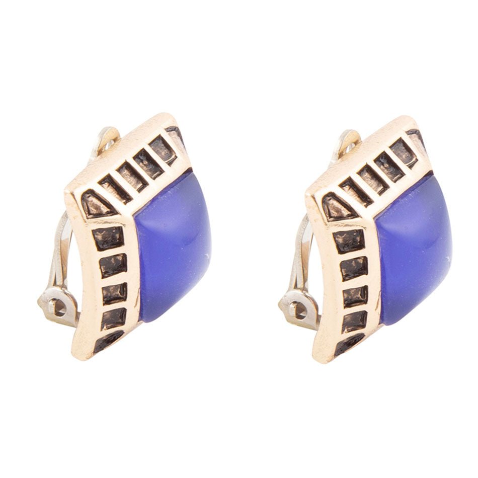Pendientes de clip dorados de ágata azul