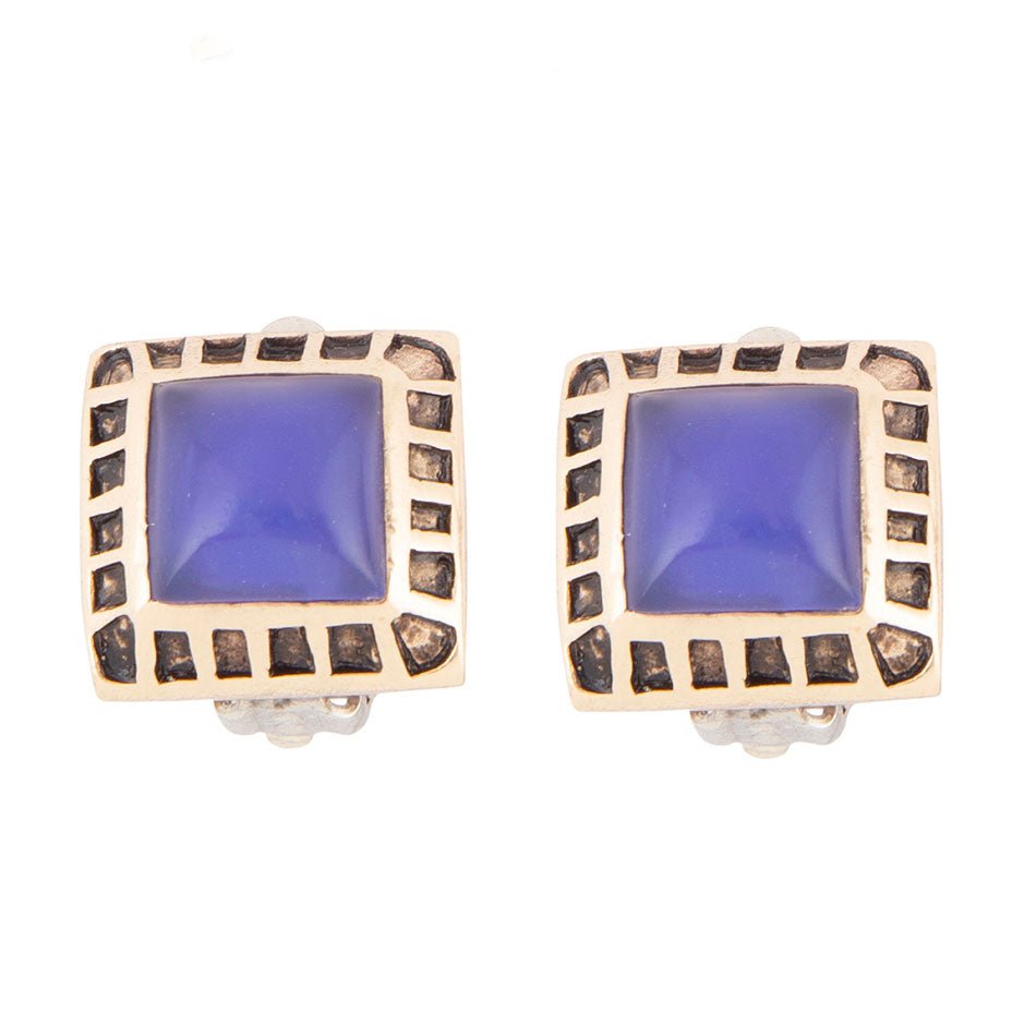 Pendientes de clip dorados de ágata azul