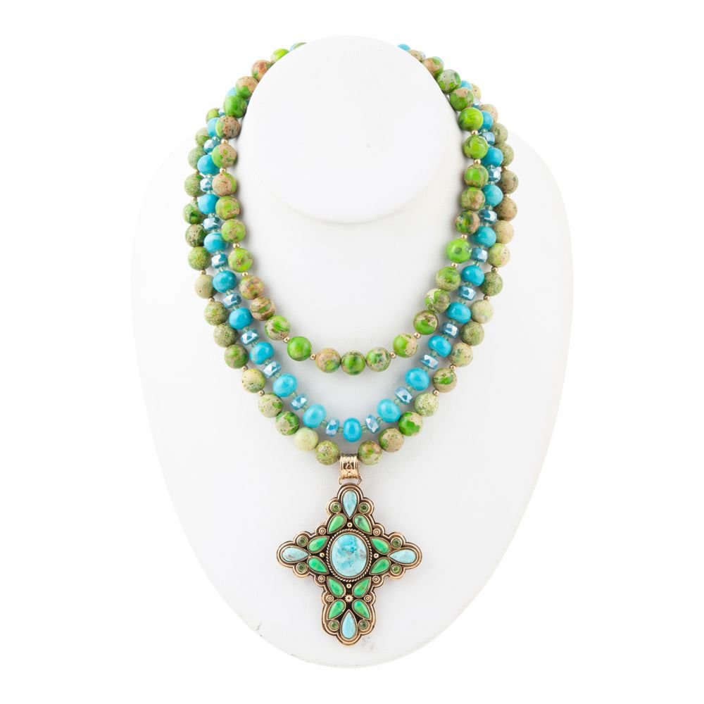 Legacy Lime Green and Blue Turquoise Golden Cross Pendant Statement Necklace