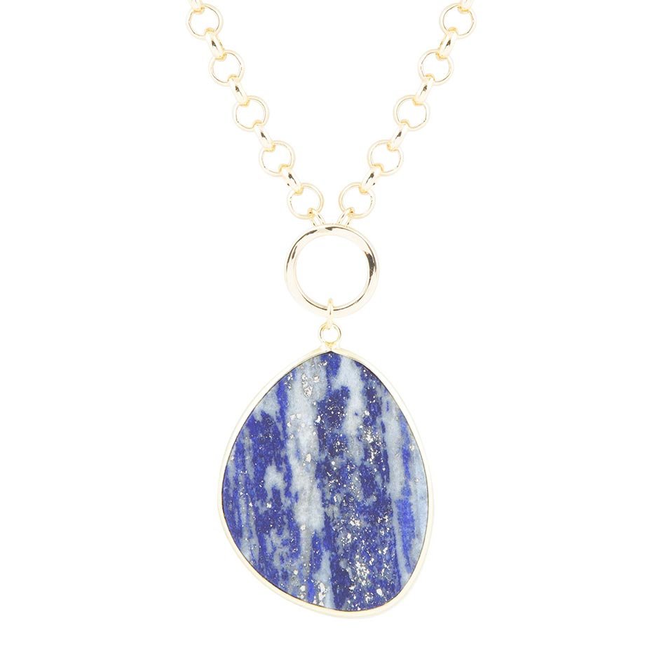 Blue Lapis Slab Pendant Golden Necklace