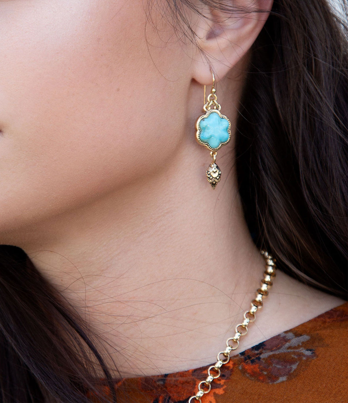 Blue Turquoise Flower Golden Drop Earrings