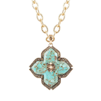 Blue Turquoise Maltese Cross Golden Pendant Necklace