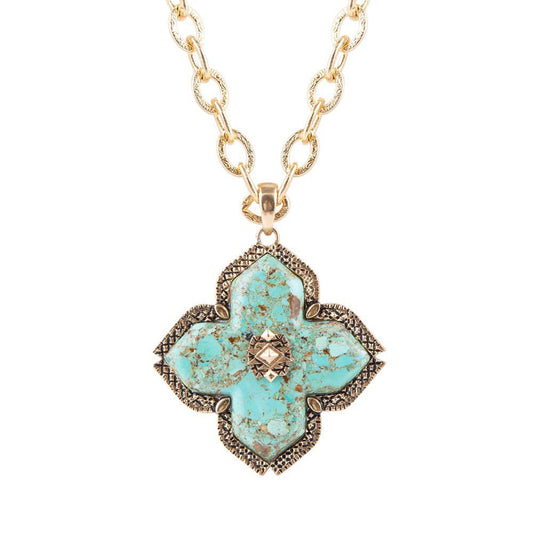 Blue Turquoise Maltese Cross Golden Pendant Necklace