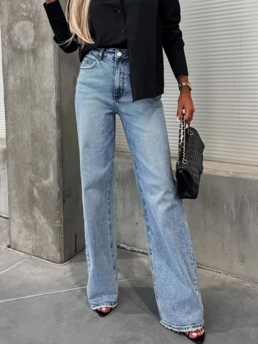 High-Waist Wash Raw Hem Jeans