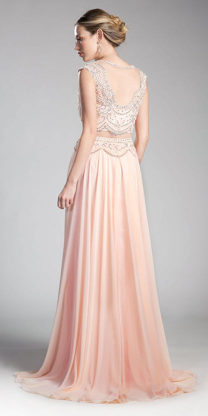 Cinderella Divine CD0113 Illusion Beaded Formal Gown Cap Sleeves