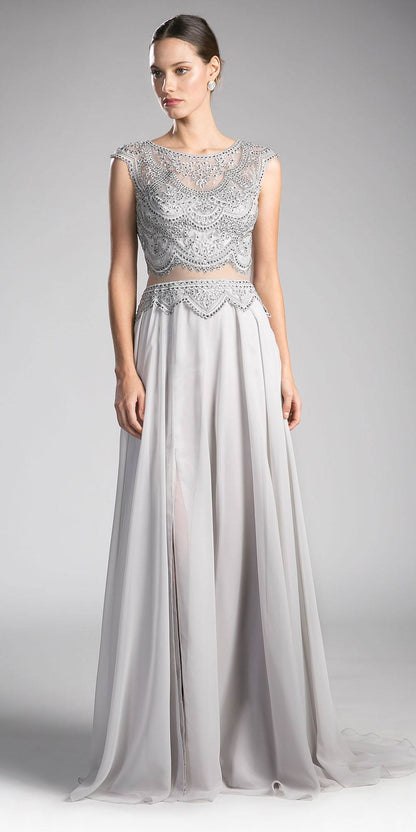 Cinderella Divine CD0113 Illusion Beaded Formal Gown Cap Sleeves