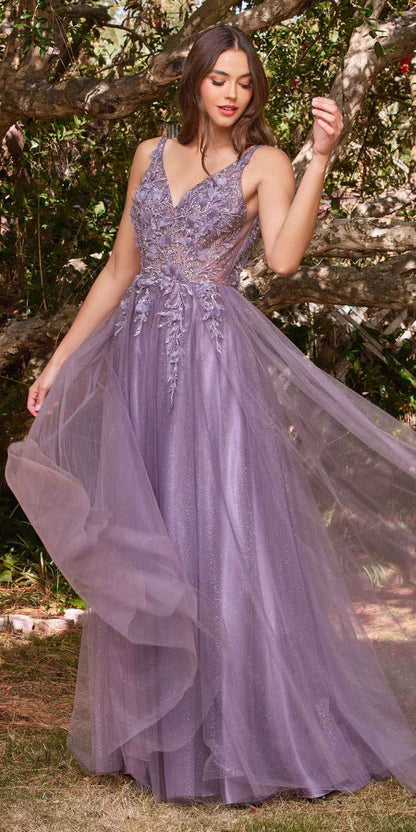 Cinderella Divine CD0181 Long Lace Floral A-Line Tulle/Lace Dress