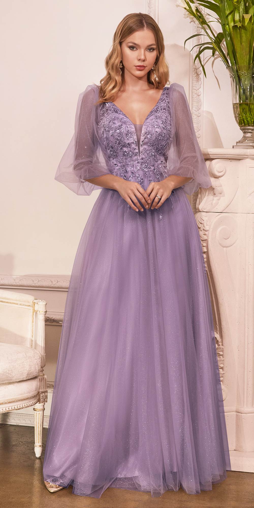 Cinderella Divine CD0182 Glitter Tulle A-Line Formal Dress