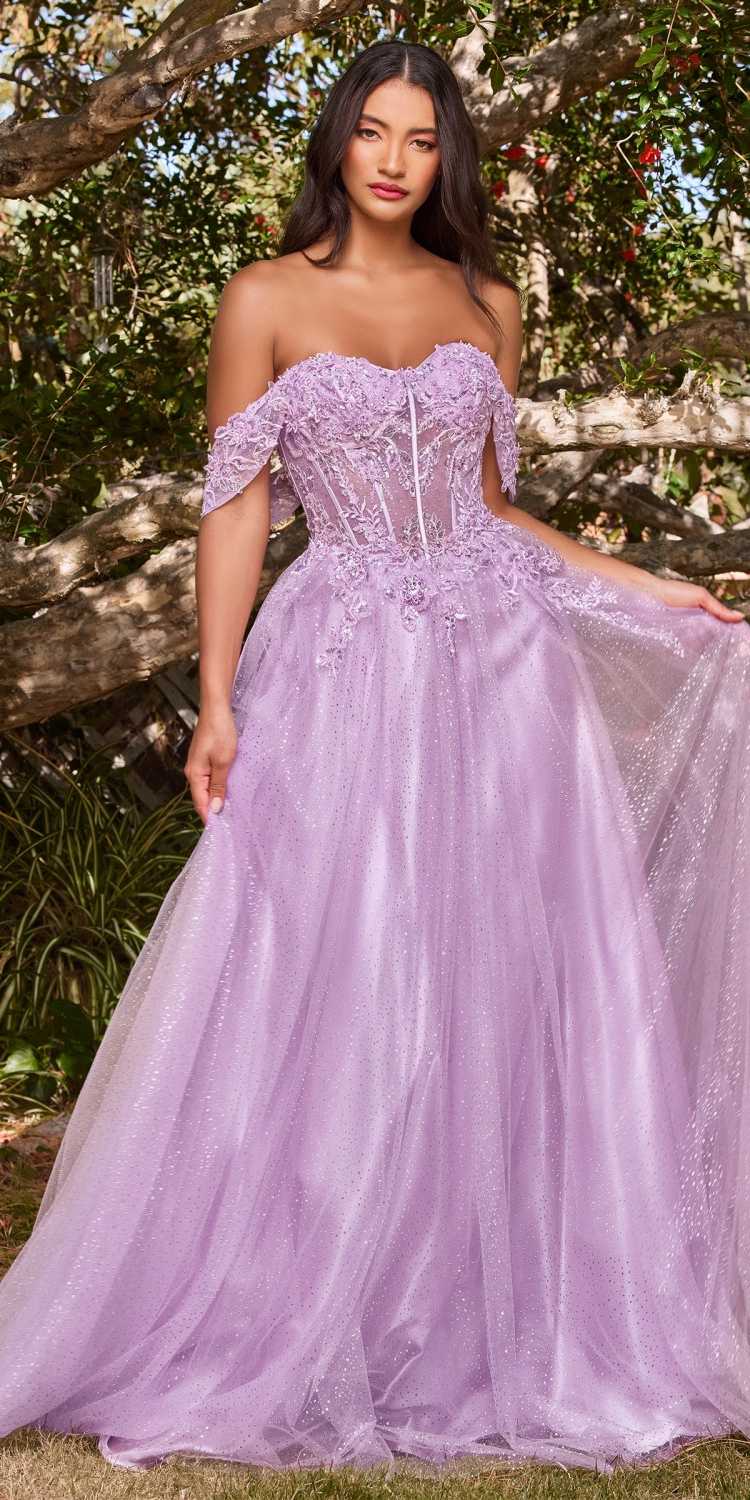 Cinderella Divine CD0198 Vestido largo de encaje con corte A y mangas Bardot