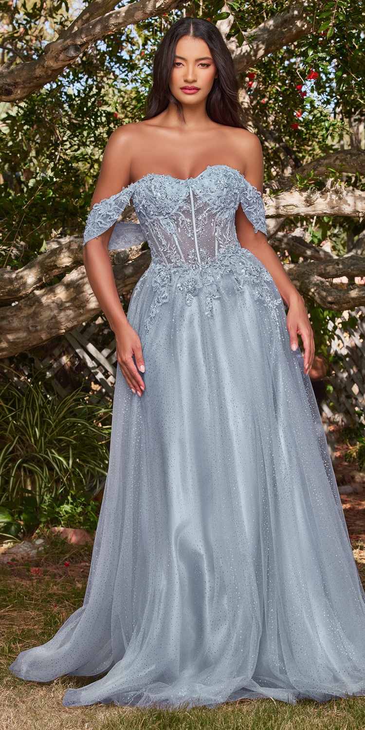 Cinderella Divine CD0198 Vestido largo de encaje con corte A y mangas Bardot