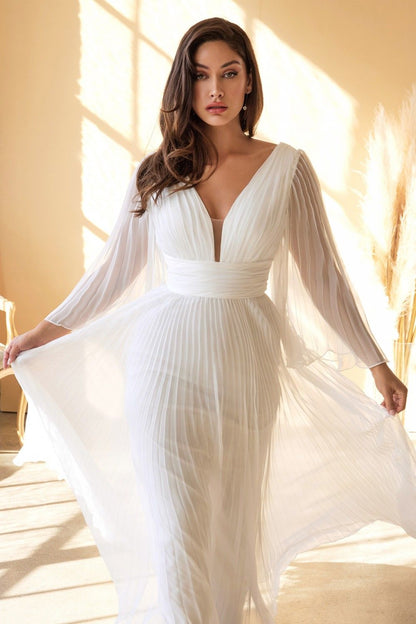 Cinderella Divine CD242W Pleated Chiffon Long Sleeve Gown