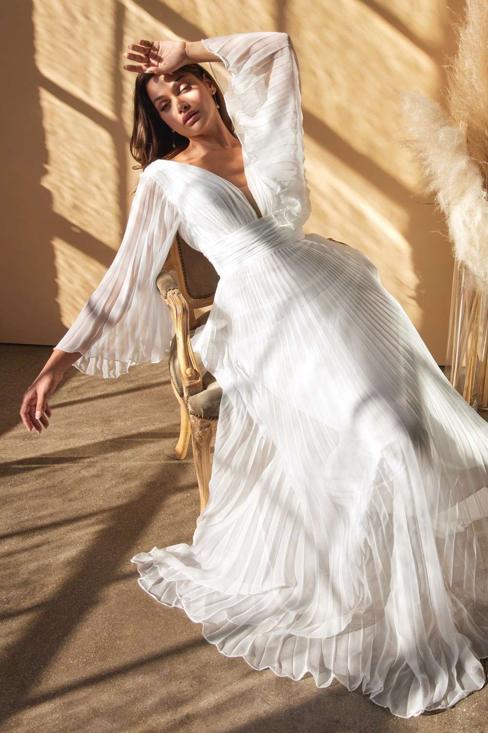 Cinderella Divine CD242W Pleated Chiffon Long Sleeve Gown