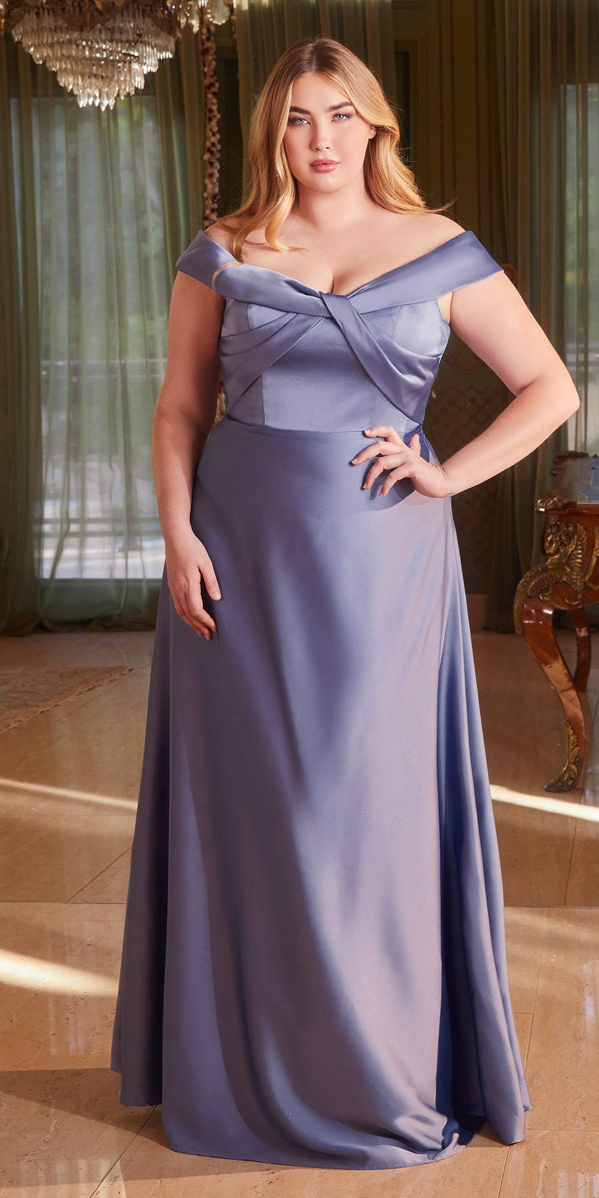 Ladivine CD325 Floor length Off the Shoulder A-Line Satin Dress