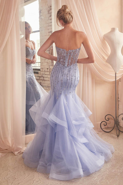 Ladivine CD332 Long Layered Tulle Tiered Mermaid Gown Sheer Boned Bodice
