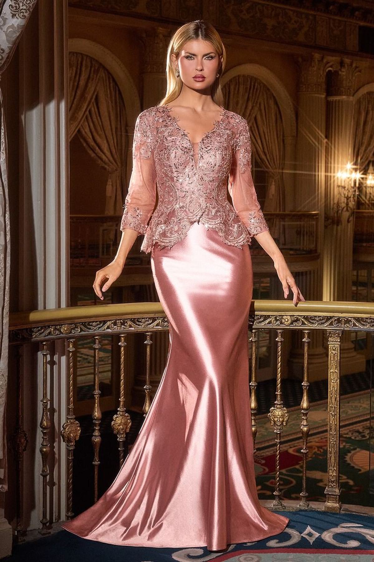 Ladivine CD720 Long Satin 3/4 Sleeve Peplum Bodice Evening Gown