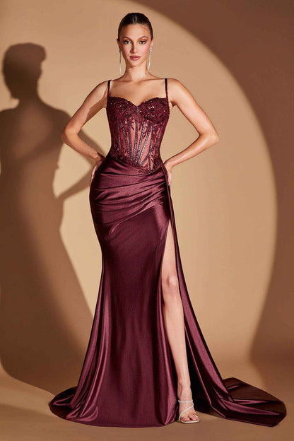 Ladivine CD868 Long Glamorous Lace Detailed Formal Gown Side Sash